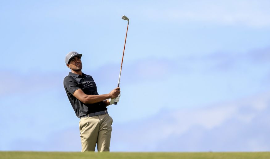 LAHAINA, HI - JANUARY 07:  Tony Finau of the United States plays his shot from the ninth tee during the third round of the SBS Tournament of Champions at the Plantation Course at Kapalua Golf Club on January 7, 2017 in Lahaina, Hawaii.  (Photo by Sam Greenwood/Getty Images)