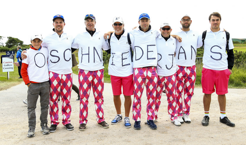 ST ANDREWS, SCOTLAND - JULY 16: Fans show their support for amateur Oliver Schniederjans of the United States during the first round of the 144th Open Championship at The Old Course on July 16, 2015 in St Andrews, Scotland.  (Photo by Matthew Lewis/Getty Images)