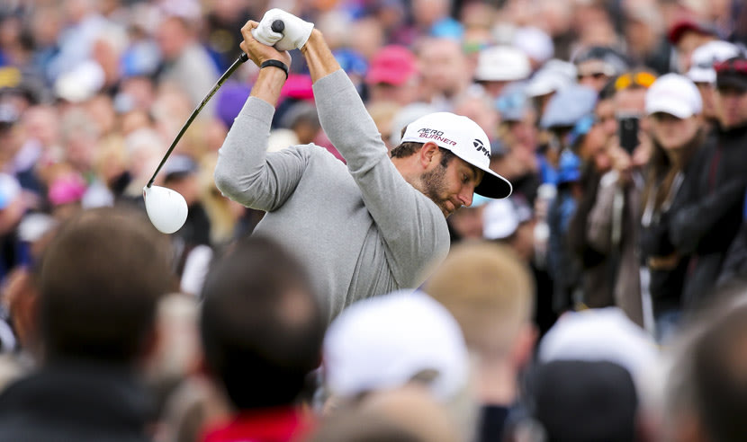 ST ANDREWS, SCOTLAND - JULY 16: Dustin Johnson of the United States tees off on the 4th hole during the first round of the 144th Open Championship at The Old Course on July 16, 2015 in St Andrews, Scotland.  (Photo by Mike Ehrmann/Getty Images)