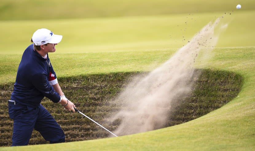 ST ANDREWS, SCOTLAND - JULY 16: Amateur Jordan Niebrugge of the United States plays out of a bunker on the16th hole during the first round of the 144th Open Championship at The Old Course on July 16, 2015 in St Andrews, Scotland.  (Photo by Stuart Franklin/Getty Images)
