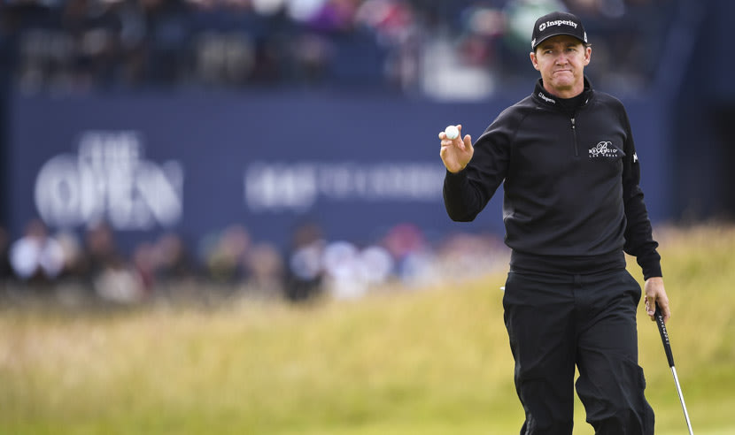 ST ANDREWS, SCOTLAND - JULY 16: Jimmy Walker of the United States celebrates a birdie onthe 1st green during the first round of the 144th Open Championship at The Old Course on July 16, 2015 in St Andrews, Scotland.  (Photo by Stuart Franklin/Getty Images)