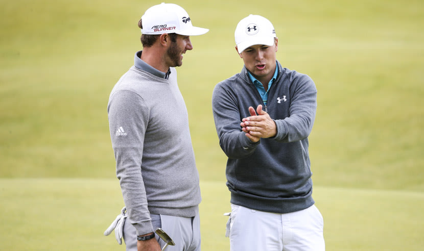ST ANDREWS, SCOTLAND - JULY 16: Dustin Johnson of the United States and Jordan Spieth of the United States in discussion on the 18th green during the first round of the 144th Open Championship at The Old Course on July 16, 2015 in St Andrews, Scotland.  (Photo by Streeter Lecka/Getty Images)