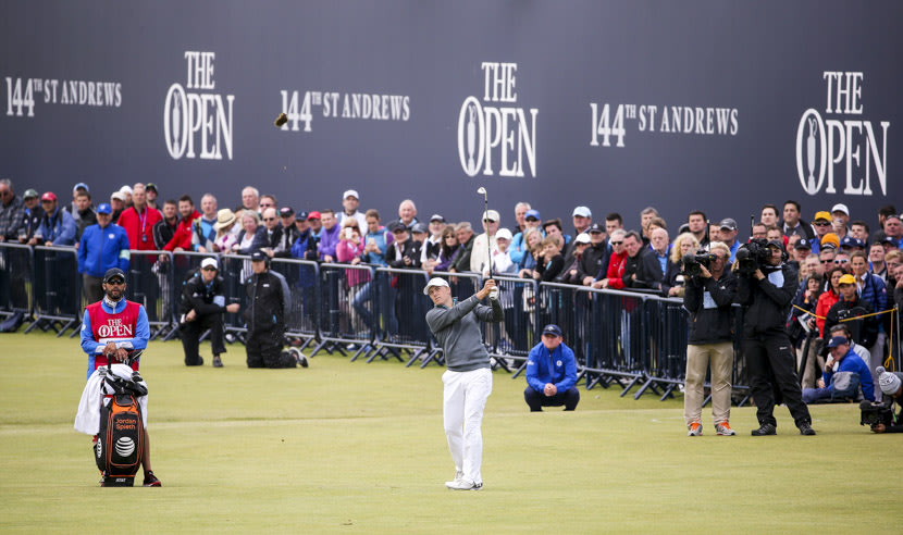 ST ANDREWS, SCOTLAND - JULY 16: Jordan Spieth of the United States plays an approach on the 18th hole during the first round of the 144th Open Championship at The Old Course on July 16, 2015 in St Andrews, Scotland.  (Photo by Streeter Lecka/Getty Images)