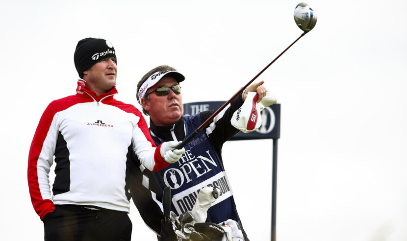 ST ANDREWS, SCOTLAND - JULY 16: Jamie Donaldson of Wales and caddie Michael Donaghy look on from the 6th tee during the first round of the 144th Open Championship at The Old Course on July 16, 2015 in St Andrews, Scotland.  (Photo by Matthew Lewis/Getty Images)