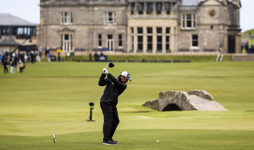 ST ANDREWS, SCOTLAND - JULY 16: Louis Oosthuizen of South Africa tees off on the 18th hole during the first round of the 144th Open Championship at The Old Course on July 16, 2015 in St Andrews, Scotland.  (Photo by Mike Ehrmann/Getty Images)