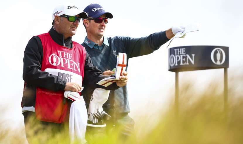 ST ANDREWS, SCOTLAND - JULY 16: Justin Rose of England and caddie Mark Fulcher look on from the 6th tee during the first round of the 144th Open Championship at The Old Course on July 16, 2015 in St Andrews, Scotland.  (Photo by Matthew Lewis/Getty Images)