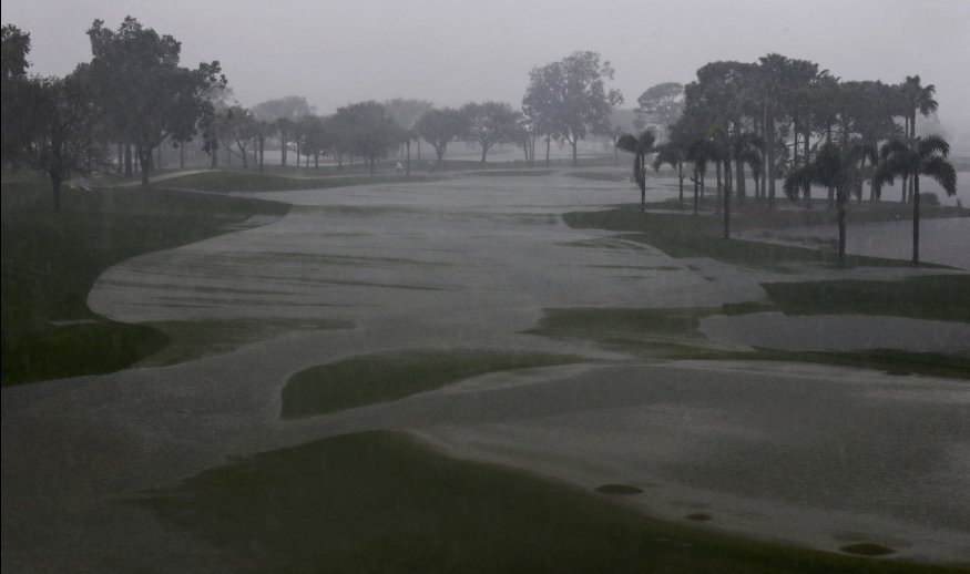 PALM BEACH GARDENS, FL - FEBRUARY 28:  The ninth hole is seen underwater just before play is suspended for the day during the third round of The Honda Classic at PGA National Resort & Spa - Champion Course on February 28, 2015 in Palm Beach Gardens, Florida.  (Photo by Sam Greenwood/Getty Images)