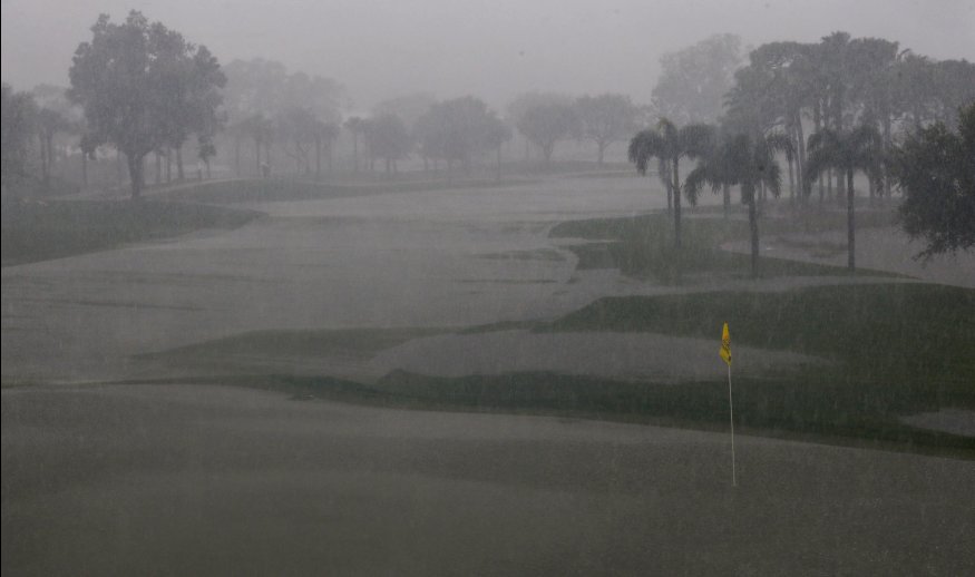PALM BEACH GARDENS, FL - FEBRUARY 28:  The ninth hole is seen underwater just before play is suspended for the day during the third round of The Honda Classic at PGA National Resort & Spa - Champion Course on February 28, 2015 in Palm Beach Gardens, Florida.  (Photo by Sam Greenwood/Getty Images)