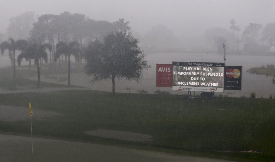 PALM BEACH GARDENS, FL - FEBRUARY 28:  An electronic board displays weather notificiations on the ninth green just before the third round of The Honda Classic is suspended for the day at PGA National Resort & Spa - Champion Course on February 28, 2015 in Palm Beach Gardens, Florida.  (Photo by Sam Greenwood/Getty Images)