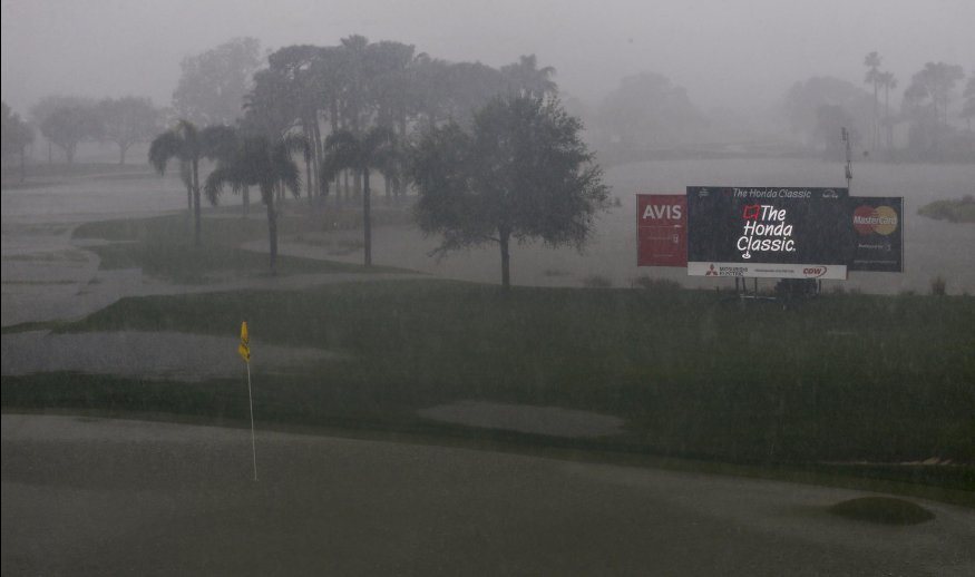 PALM BEACH GARDENS, FL - FEBRUARY 28:  An electronic board is seen on the ninth green just before the third round of The Honda Classic is suspended for the day at PGA National Resort & Spa - Champion Course on February 28, 2015 in Palm Beach Gardens, Florida.  (Photo by Sam Greenwood/Getty Images)