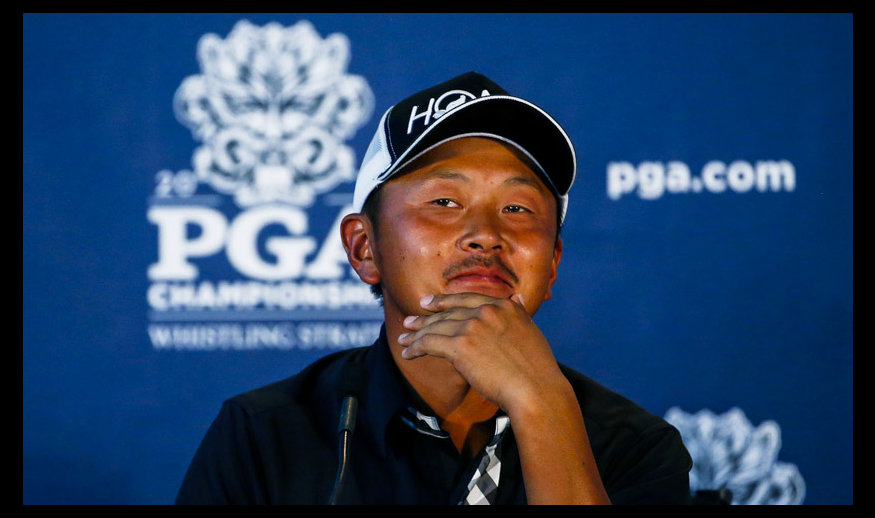 SHEBOYGAN, WI - AUGUST 14: Hiroshi Iwata of Japan speaks with the media after shooting a nine-under par 63 during the second round of the 2015 PGA Championship at Whistling Straits on August 14, 2015 in Sheboygan, Wisconsin.  (Photo by Jamie Squire/Getty Images)