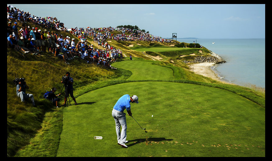 SHEBOYGAN, WI - AUGUST 14: Dustin Johnson of the United States plays his shot from the seventh tee during the second round of the 2015 PGA Championship at Whistling Straits on August 14, 2015 in Sheboygan, Wisconsin.  (Photo by Richard Heathcote/Getty Images)
