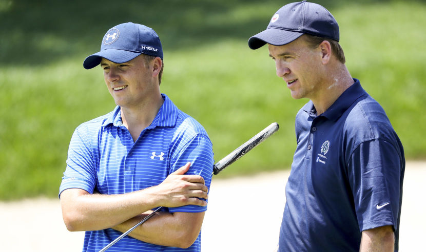DUBLIN, OH - JUNE 01: Jordan Spieth (L), and former NFL quarterback Peyton Manning speak during the pro-am round prior to The Memorial Tournament Presented By Nationwide at Muirfield Village Golf Club on June 1, 2016 in Dublin, Ohio.  (Photo by Sam Greenwood/Getty Images)