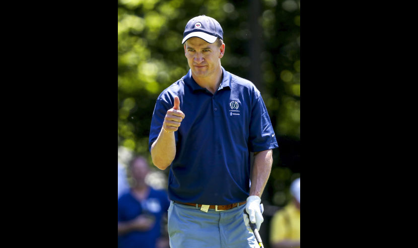 DUBLIN, OH - JUNE 01: Former NFL quarterback Peyton Manning gives the 'thumbs up' sign during a practice round prior to The Memorial Tournament Presented By Nationwide at Muirfield Village Golf Club on June 1, 2016 in Dublin, Ohio.  (Photo by Sam Greenwood/Getty Images)
