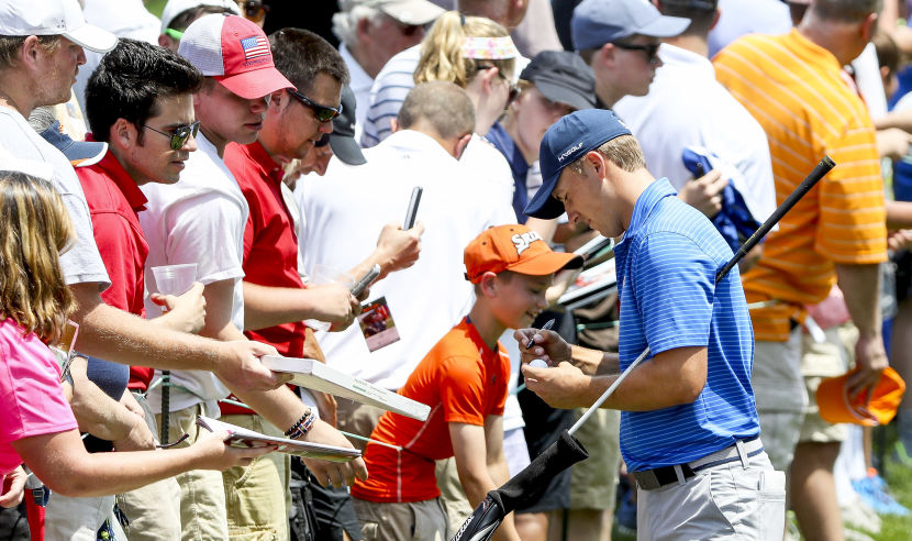 DUBLIN, OH - JUNE 01: Jordan Spieth signs autographs for fans during a pro-am round prior to The Memorial Tournament Presented By Nationwide at Muirfield Village Golf Club on June 1, 2016 in Dublin, Ohio.  (Photo by Sam Greenwood/Getty Images)