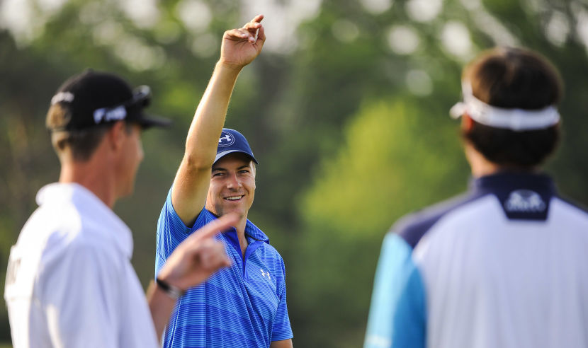 DUBLIN, OH - JUNE 02:  Jordan Spieth smiles as he talks to Bubba Watson on the practice range during the first round of the Memorial Tournament presented by Nationwide at Muirfield Village Golf Club on June 2, 2016 in Dublin, Ohio. (Photo by Chris Condon/PGA TOUR)