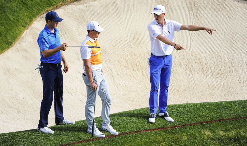 DUBLIN, OH - JUNE 02: (L-R) Jordan Spieth, Rory McIlroy of Northern Ireland, and Justin Thomas try to figure out where Thomas' ball went in the hazard on the 11th hole during the first round of the Memorial Tournament presented by Nationwide at Muirfield Village Golf Club on June 2, 2016 in Dublin, Ohio. (Photo by Chris Condon/PGA TOUR)