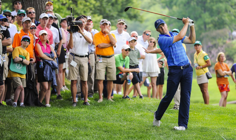 DUBLIN, OH - JUNE 02:  Jordan Spieth hits a ball from the rough on the 11th hole as fans watch during the first round of the Memorial Tournament presented by Nationwide at Muirfield Village Golf Club on June 2, 2016 in Dublin, Ohio. (Photo by Chris Condon/PGA TOUR)