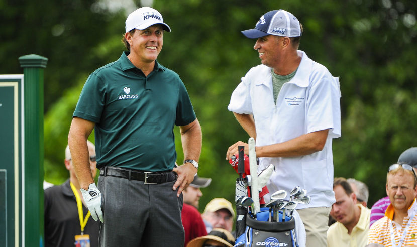 DUBLIN, OH - JUNE 02:  Phil Mickelson shares a laugh with caddie Jim 