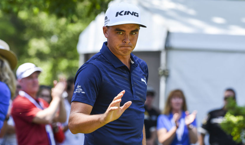 BETHESDA, MD - JUNE 25:  Rickie Fowler waves to fans before teeing off on the first hole during the third round of the Quicken Loans National at Congressional Country Club (Blue) on June 25, 2016 in Bethesda, Maryland. (Photo by Keyur Khamar/PGA TOUR)