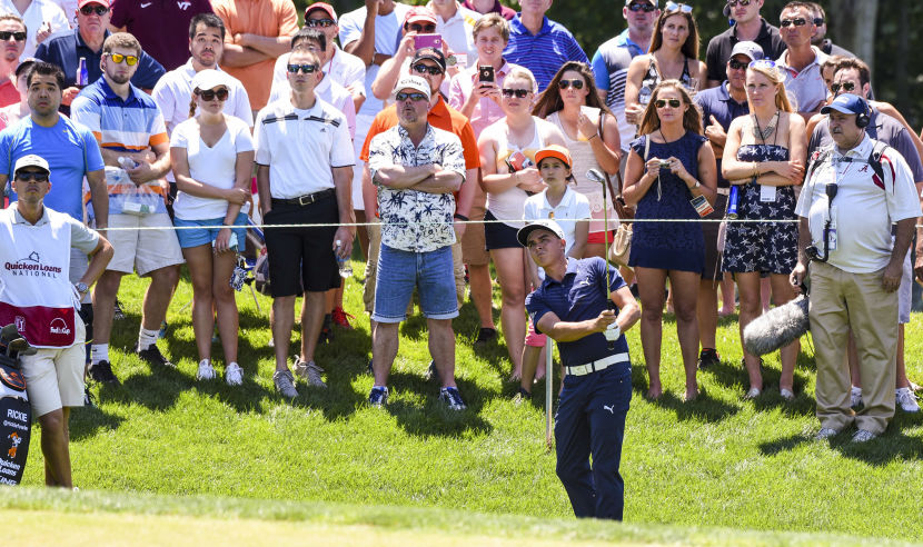 BETHESDA, MD - JUNE 25:  Rickie Fowler chips his third shot to the third hole green as fans watch during the third round of the Quicken Loans National at Congressional Country Club (Blue) on June 25, 2016 in Bethesda, Maryland. (Photo by Keyur Khamar/PGA TOUR)