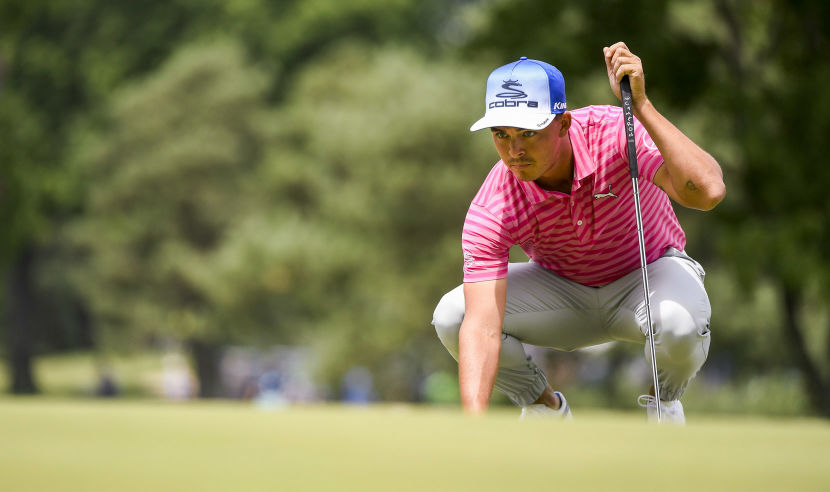AKRON, OH - JULY 02: Rickie Fowler lines up a putt on the second hole during the third round of the World Golf Championships-Bridgestone Invitational at Firestone Country Club on July 2, 2016 in Akron, Ohio. (Photo by Ryan Young/PGA TOUR)