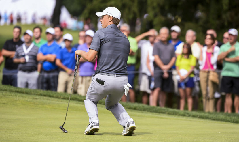 AKRON, OH - JULY 02: Jordan Spieth reacts after missing a birdie putt on the 15th hole during the third round of the World Golf Championships-Bridgestone Invitational at Firestone Country Club on July 2, 2016 in Akron, Ohio. (Photo by Ryan Young/PGA TOUR)