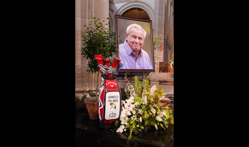 LATROBE, PA - OCTOBER 04: A portrait of Arnold Palmer and his golf bag are displayed during the Celebration of the Life and Legacy of Arnold Palmer at the Saint Vincent Basilica, on the campus of Saint Vincent College on October 4, 2016 in Latrobe, Pennsylvania. Palmer, a golf legend who won 62 PGA tour titles over the course of his career, died on September 25, 2016 at age 87.  (Photo by Stan Badz/PGA TOUR)
