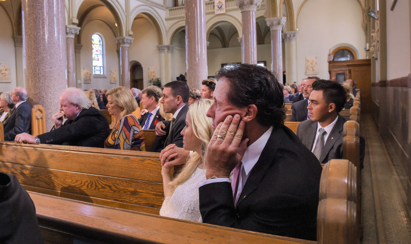 LATROBE, PA - OCTOBER 04: Amy and Phil Mickelson listen to remarks during he Celebration of the Life and Legacy of Arnold Palmer at the Vincent Basilica, on the campus of Saint Vincent College on October 4, 2016 in Latrobe, Pennsylvania. Palmer, a golf legend who won 62 PGA tour titles over the course of his career, died on September 25, 2016 at age 87.  (Photo by Stan Badz/PGA TOUR)