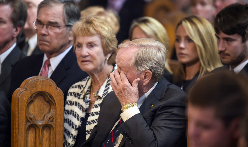 LATROBE, PA - OCTOBER 04: Jack Nicklaus wipes tears from his eyes during the Celebration of the Life and Legacy of Arnold Palmer at the Saint Vincent Basilica, on the campus of Saint Vincent College on October 4, 2016 in Latrobe, Pennsylvania. Palmer, a golf legend who won 62 PGA tour titles over the course of his career, died on September 25, 2016 at age 87. (Photo by Stan Badz/PGA TOUR)