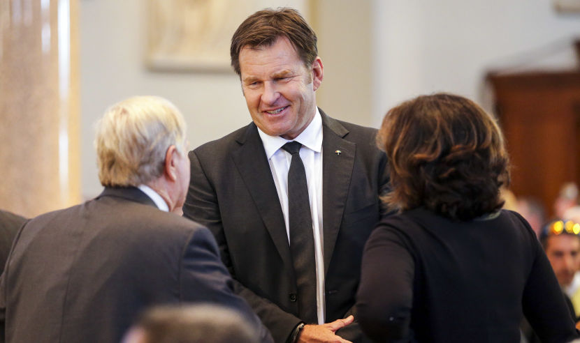 LATROBE, PA - OCTOBER 4: Nick Faldo speaks with guests during a Celebration of Arnold Palmer at Saint Vincent College on October 4, 2016 in Latrobe, Pennsylvania. Palmer, a golf legend who won 62 PGA tour titles over the course of his career, died on September 25, 2016 at age 87. (Photo by Hunter Martin/Getty Images)