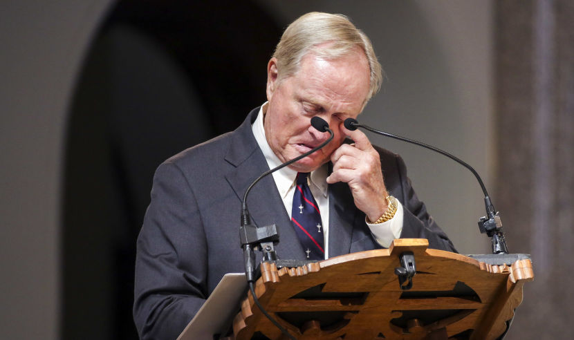 LATROBE, PA - OCTOBER 4: Jack Nicklaus wipes away a tear as he speaks during a Celebration of Arnold Palmer at Saint Vincent College on October 4, 2016 in Latrobe, Pennsylvania. Palmer, a golf legend who won 62 PGA tour titles over the course of his career, died on September 25, 2016 at age 87. (Photo by Hunter Martin/Getty Images)