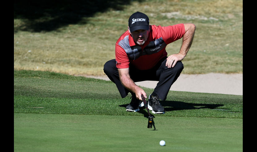 LAS VEGAS, NV - NOVEMBER 05:  Rod Pampling of Australia lines up a putt on the seventh green during the third round of the Shriners Hospitals For Children Open on November 5, 2016 in Las Vegas, Nevada.  (Photo by Steve Dykes/Getty Images)