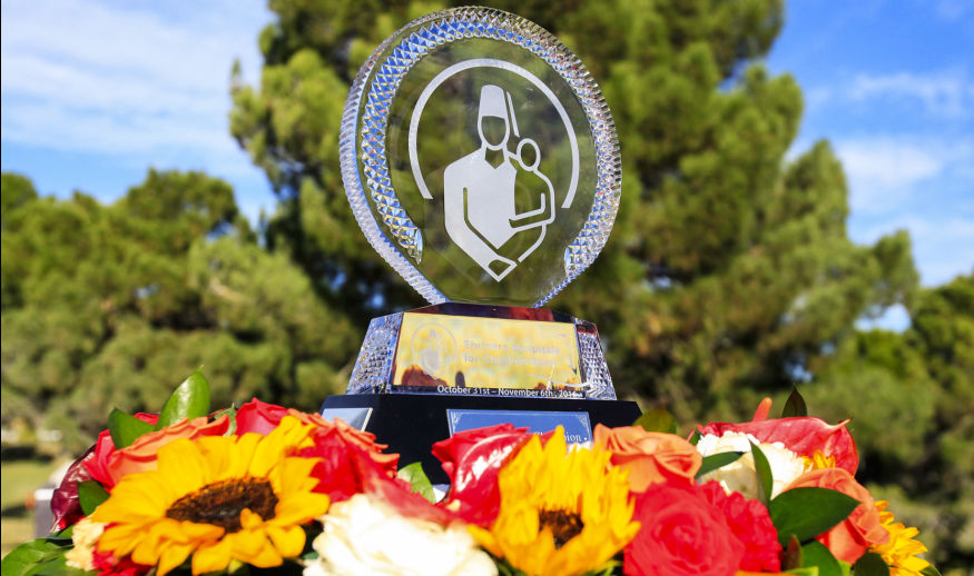 LAS VEGAS, NV - NOVEMBER 06:  The trophy is displayed on the first tee box during the final round of the Shriners Hospitals For Children Open on November 6, 2016 in Las Vegas, Nevada.  (Photo by Cliff Hawkins/Getty Images)