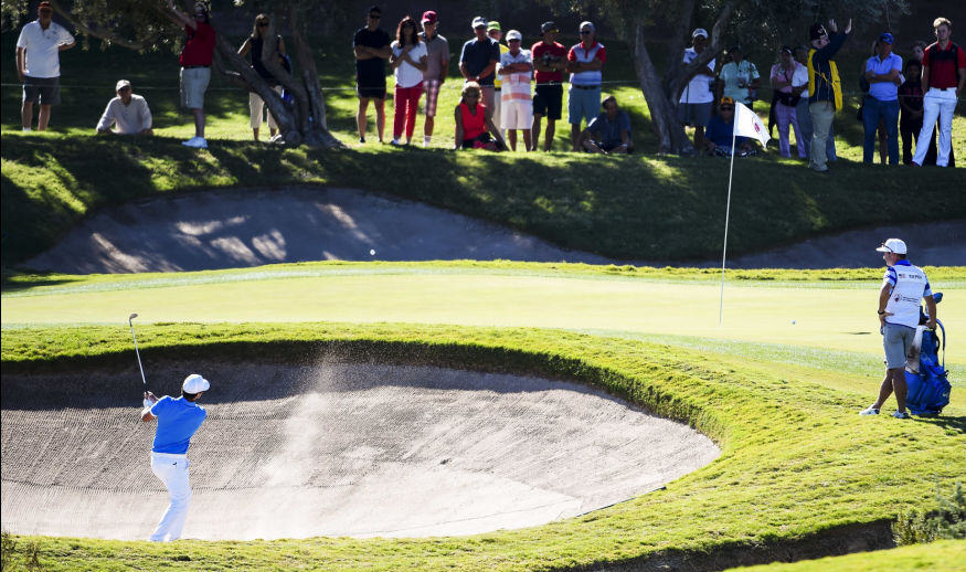 LAS VEGAS, NV - NOVEMBER 06:  Brooks Koepka of the United States plays a shot from a bunker on the third hole during the final round of the Shriners Hospitals For Children Open on November 6, 2016 in Las Vegas, Nevada.  (Photo by Steve Dykes/Getty Images)