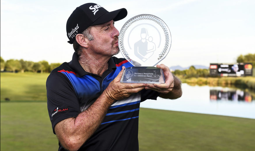 LAS VEGAS, NV - NOVEMBER 06:  Rod Pampling of Australia celebrates with the winner's trophy after the final round of the Shriners Hospitals For Children Open on November 6, 2016 in Las Vegas, Nevada.  (Photo by Steve Dykes/Getty Images)