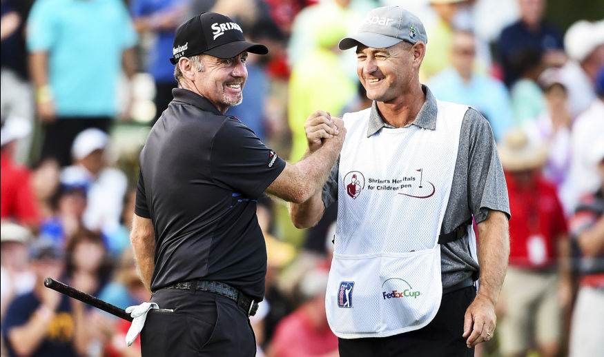 LAS VEGAS, NV - NOVEMBER 06:  Rod Pampling of Australia celebrates with his caddie Brendan Woolley after putting for birdie to win on the 18th green during the final round of the Shriners Hospitals For Children Open on November 6, 2016 in Las Vegas, Nevada.  (Photo by Steve Dykes/Getty Images)