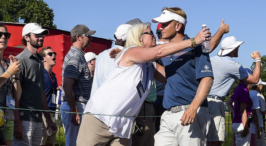 Billy Hurley III's mother Cheryl was there to give him a hug after his 4-under round on Saturday put him two strokes clear of the pack. (Stan Badz/PGA TOUR)