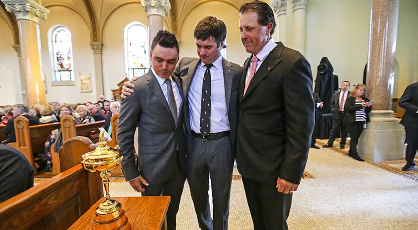 The golf world came together in Arnold Palmer's hometown on Tuesday to celebrate the life of and bid farewell to the game's greatest ambassador. Here, Rickie, Bubba and Phil embraced after putting the Ryder Cup on display at the service. (Stan Badz/PGA TOUR)